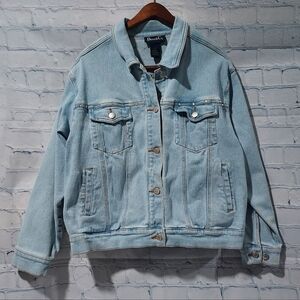 Denim & Co. L Jean Jacket Western Cowgirl Barn Chore Coat Bling Rodeo Biker Fair